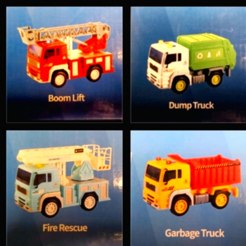 4 Friction Trucks new-Boom Lift, Fire Rescue, Garbage Truck, Dump Truck